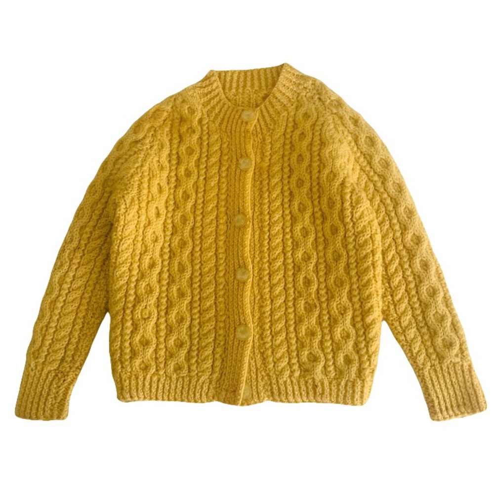 Vintage Girl’s Wool Cable Knit Cardigan Yellow Fisherman Cottagecore READ